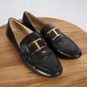 Tods Kate Loafers Black Leather T Timeless Gold Hardware Flat Shoes Size 35